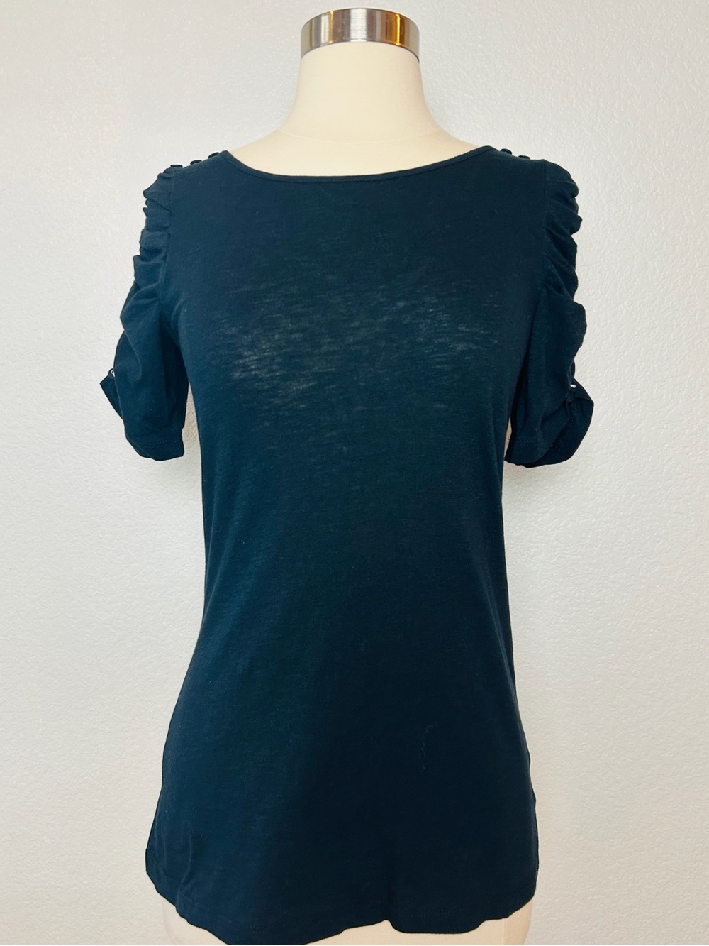 Anthropologie 9-H15 STCL Top Women's S Black Ruched Sleeve Button Cotton NWT